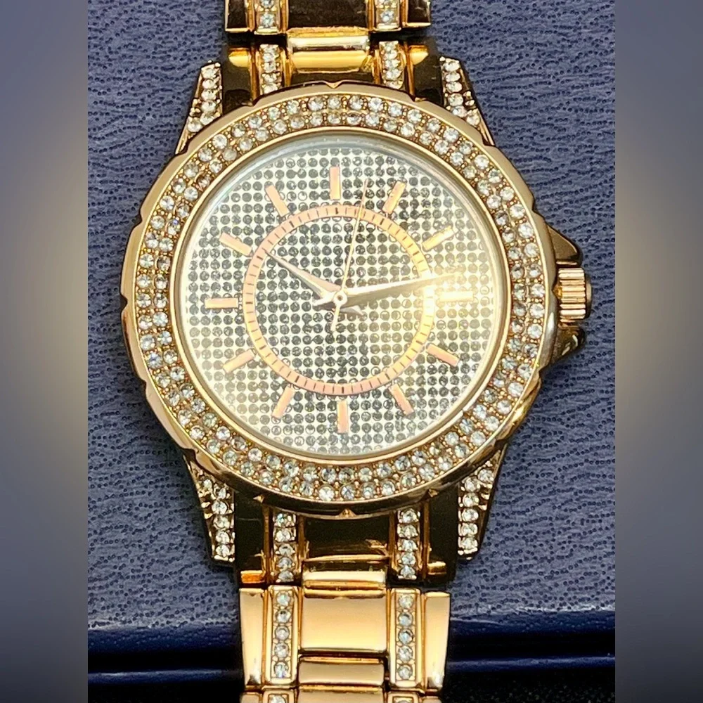 FMDAL Oversized Gold Glitz Watch Iced Out Pavé Rhinestone Statement Bling Glam